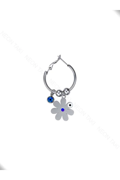 Küpe, Kararmayan Paslanmaz Çelik, Göz ve Çiçek Detaylı, Gümüş Renk, Model153 - Resim 3