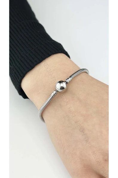 Charm Taşıyıcı, Paslanmaz Çelik, Pan Bileklik 141, Küre Klipsli, 17cm, Gümüş renk - 2