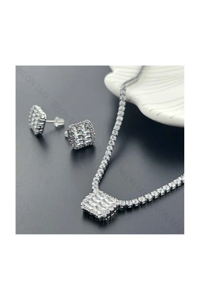 Zirkon Taşlı, Baget Model, Küpe Ve Kolye, Paslanmaz Çelik Set 37, Gümüş Renk - 3