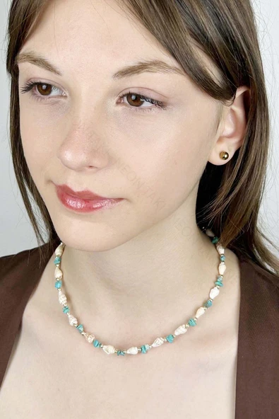 Deniz Kabuğu Kolye 426, Turkuaz - Beyaz - 2