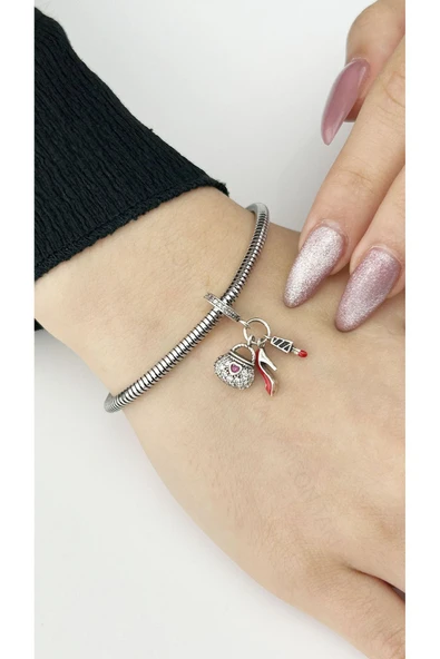 Zirkon Taşlı, Çanta Ayakkabı Ruj Pan Bileklik için Çelik Charm 40, Gümüş Renk, BİLEKLİK DAHİL DEĞİL - 2