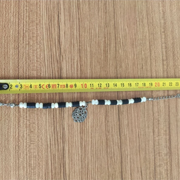 Kelt Düğümü Figürlü Siyah Beyaz Heishi Boncuk Kolye Mor - Resim 2