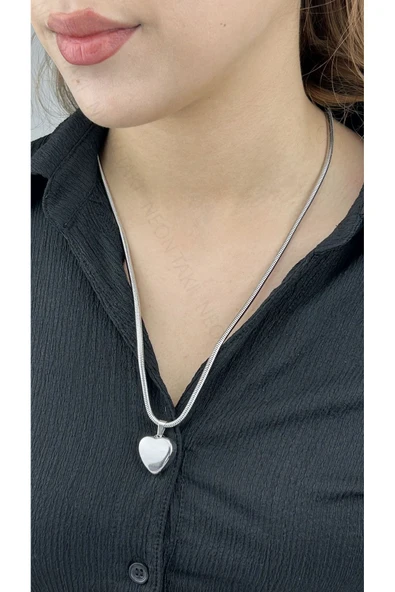 Kolye, Kararmayan Paslanmaz Çelik, Kalp Detaylı, Uzun Model, Gümüş Renk, Model239 ürün görseli 1