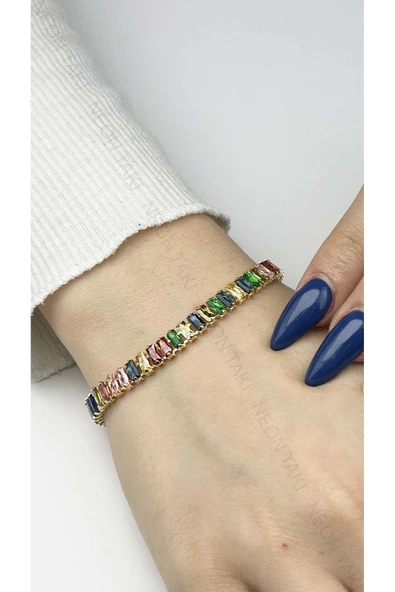 Su Yolu, Çok Renkli Zirkon Taşlı Zincir Bileklik 72, Zincir Altın Renk