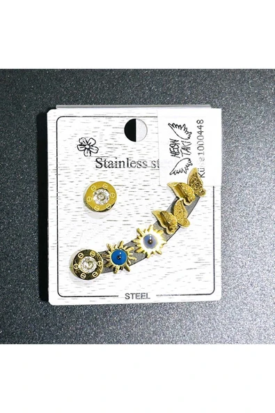 Küpe, Zirkon Taşlı, Kararmayan Paslanmaz, Çoklu, Göz ve Kelebek Detaylı, Altın Renk, Model448 - Resim 2