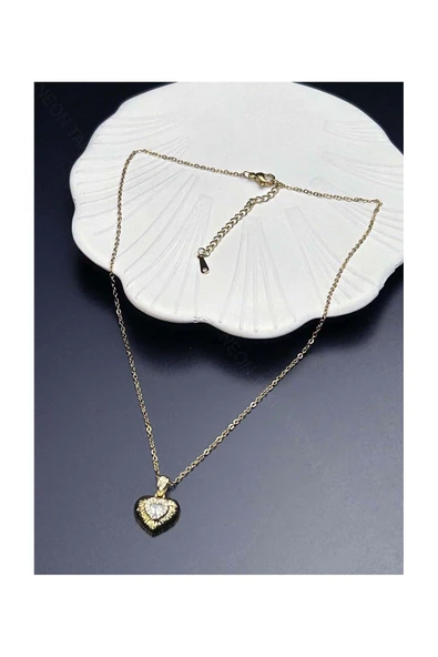 Kolye, Zirkon Taşlı, Kararmayan Paslanmaz Çelik, Kalp Detaylı, Altın Renk, Model359 - Resim 4