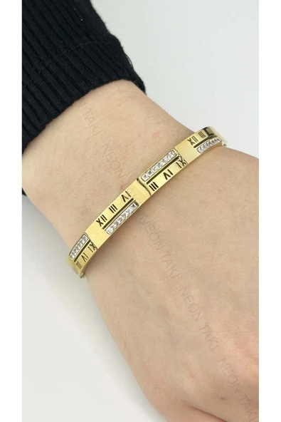 Kelepçe Bileklik, Zirkon Taşlı, Kararmayan Paslanmaz, Roma Rakamı Detaylı, Altın Renk, Model21 - Resim 2