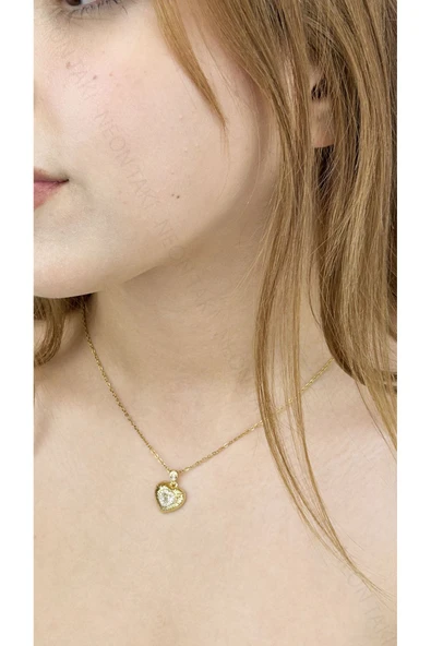 Kolye, Zirkon Taşlı, Kararmayan Paslanmaz Çelik, Kalp Detaylı, Altın Renk, Model359 - Resim 2