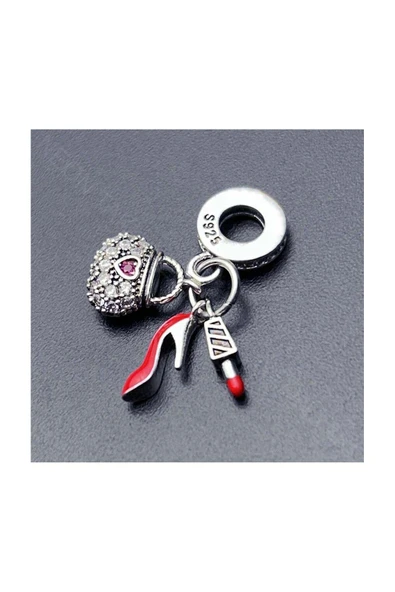 Zirkon Taşlı, Çanta Ayakkabı Ruj Pan Bileklik için Çelik Charm 40, Gümüş Renk, BİLEKLİK DAHİL DEĞİL