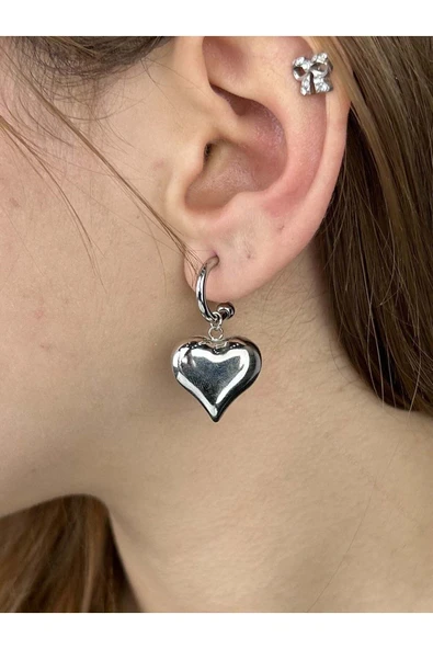 Küpe, Kararmayan Paslanmaz Çelik, Kalp Detaylı, Gümüş Renk, Model419 ürün görseli 1