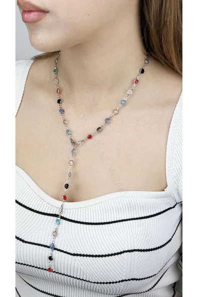 Y Kolye, Çok Renkli 385, Kasa Gümüş Renk - 2