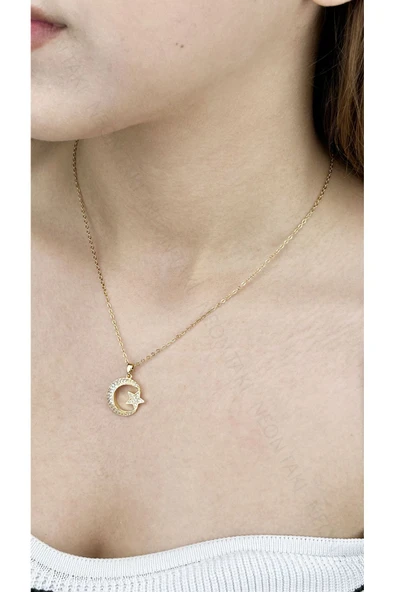 Kolye, Zirkon Taşlı, Kararmayan Paslanmaz Çelik, Ay ve Yıldız Detaylı, Altın Renk, Model401 - Resim 3