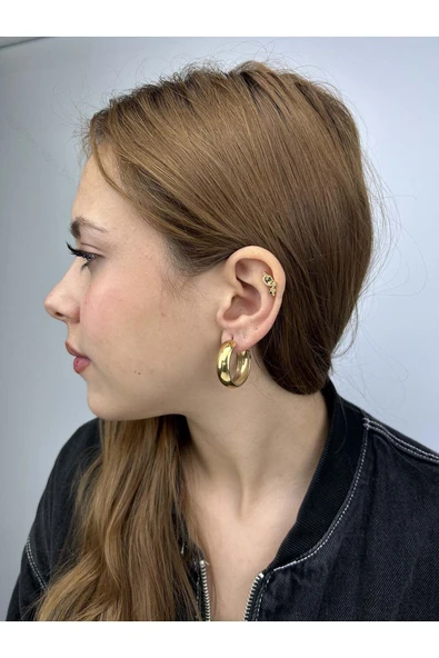 Küpe, Kararmayan Paslanmaz Çelik, Yassı Form, Halka Model, Altın Renk, Model352 - Resim 2