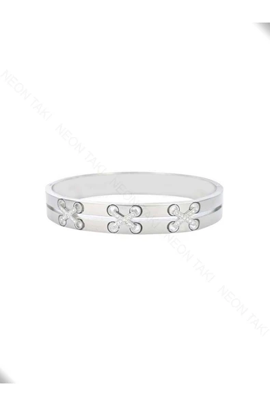 Kelepçe Bileklik, Zirkon Taşlı, Kararmayan Paslanmaz Çelik, Gümüş Renk, Model29 - Resim 3