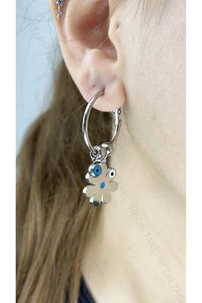 Küpe, Kararmayan Paslanmaz Çelik, Göz ve Çiçek Detaylı, Gümüş Renk, Model153 ürün görseli 1