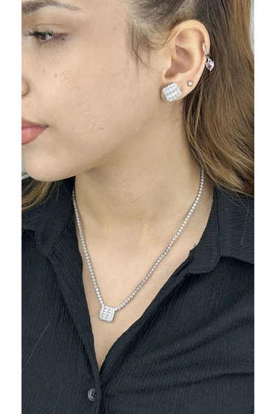 Zirkon Taşlı, Baget Model, Küpe Ve Kolye, Paslanmaz Çelik Set 37, Gümüş Renk - 1