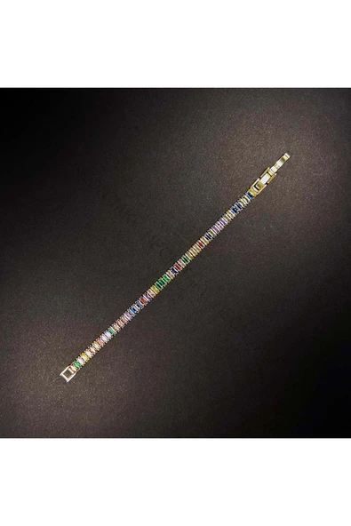 Su Yolu, Çok Renkli Zirkon Taşlı Zincir Bileklik 72, Zincir Altın Renk - 3