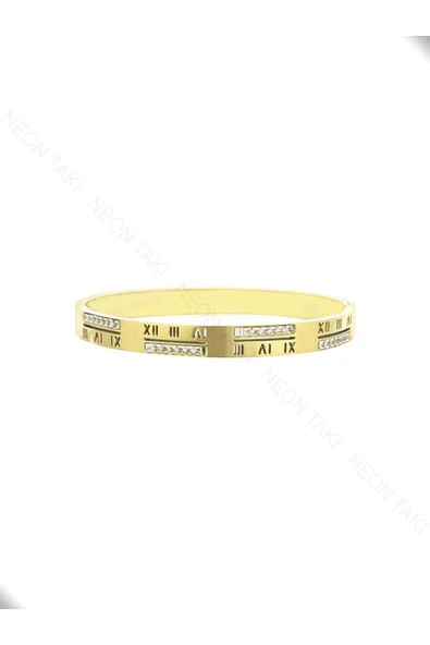 Kelepçe Bileklik, Zirkon Taşlı, Kararmayan Paslanmaz, Roma Rakamı Detaylı, Altın Renk, Model21 - Resim 3