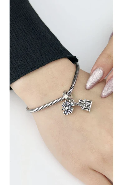 Charm, Kararmayan Çelik, Kale ve Yıldız Detaylı (BİLEKLİK DAHİL DEĞİLDİR!!), Gümüş Renk, Model12 - Resim 2