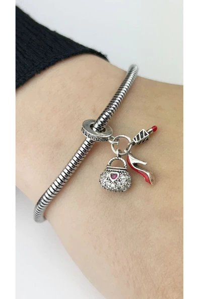 Zirkon Taşlı, Çanta Ayakkabı Ruj Pan Bileklik için Çelik Charm 40, Gümüş Renk, BİLEKLİK DAHİL DEĞİL - 3