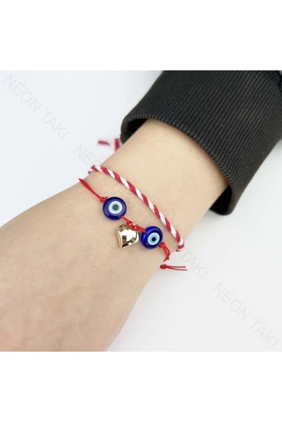 Marteniçka Bileklik, İp, İkili, Kararmayan Kalp, Boncuklar Lacivert, Kırmızı Renk, Model7 ürün görseli 1