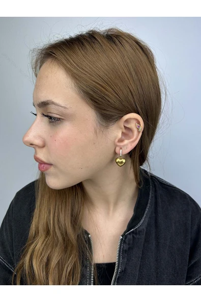 Küpe, Zirkon Taşlı, Kararmayan Paslanmaz Çelik, Kalp Detaylı, Altın Renk, Model13 - Resim 2