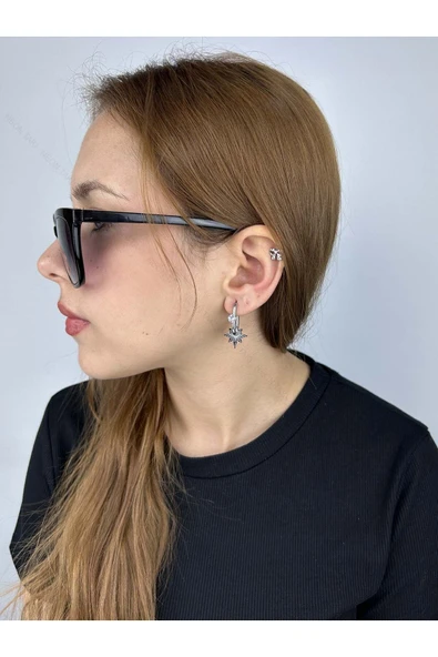 Küpe, Zirkon Taşlı, Kararmayan Paslanmaz Çelik, Yıldız Detaylı, Gümüş Renk, Model138 - Resim 2