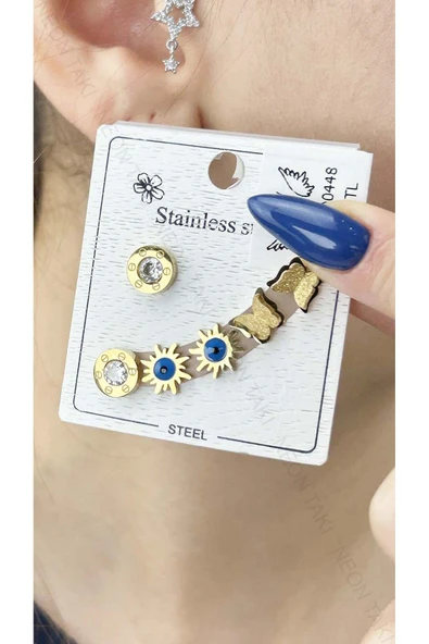 Küpe, Zirkon Taşlı, Kararmayan Paslanmaz, Çoklu, Göz ve Kelebek Detaylı, Altın Renk, Model448 ürün görseli 1