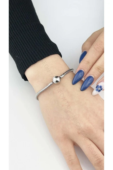Charm Taşıyıcı, Paslanmaz Çelik, Pan Bileklik 141, Küre Klipsli, 17cm, Gümüş renk - 1