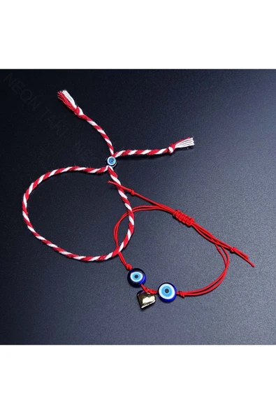 Marteniçka Bileklik, İp, İkili, Kararmayan Kalp, Boncuklar Lacivert, Kırmızı Renk, Model7 - Resim 3