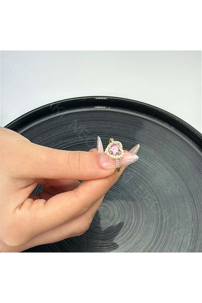 Zirkon Taşlı, Kalp Figürlü, Pan Yüzük 1, Kasa Altın Renk, Ayarlanabilir - 4
