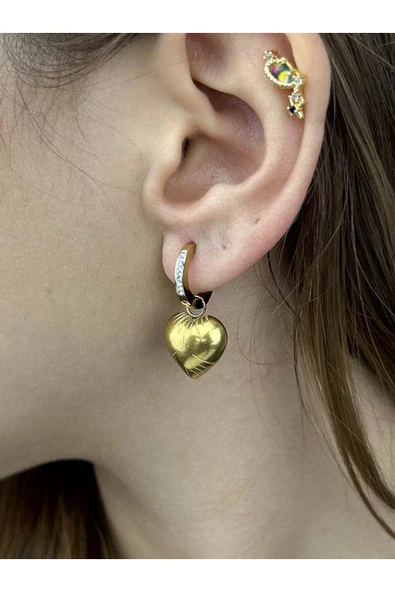 Küpe, Zirkon Taşlı, Kararmayan Paslanmaz Çelik, Kalp Detaylı, Altın Renk, Model13 ürün görseli 1