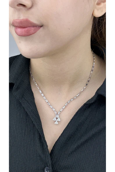 Kolye, Zirkon Taşlı, Kararmayan Çelik, Su Yolu, Gümüş Renk, Model207 - Resim 2