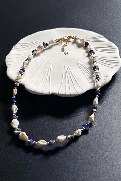 Deniz Kabuğu Kolye 427, Mavi - Beyaz - 4