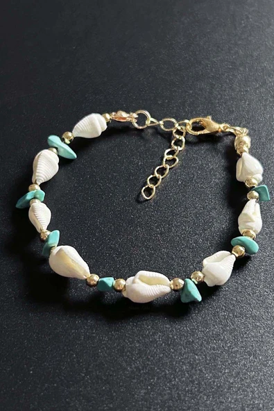 Bileklik, Deniz Midye Kabuklu, Kabuklar Turkuaz ve Beyaz Renk, Çok Renkli, Model504 - Resim 5