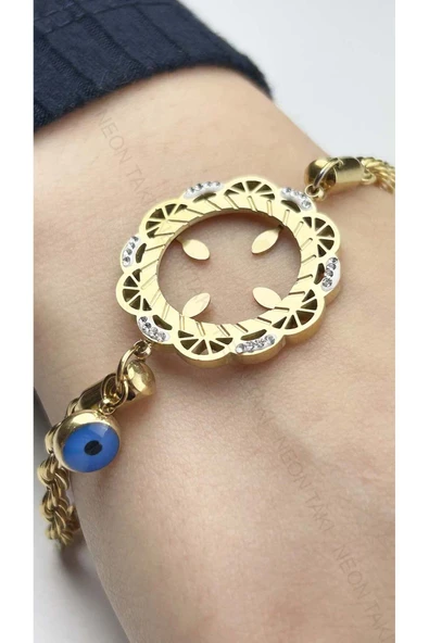 Bileklik, Kararmayan Paslanmaz Çelik, Göz Detaylı, Çeyrek Altın Takılan, Altın Renk, Model13 - Resim 2