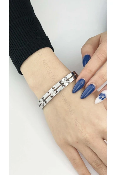 Kelepçe Bileklik, Zirkon Taşlı, Kararmayan Paslanmaz Çelik, Gümüş Renk, Model29 ürün görseli 1