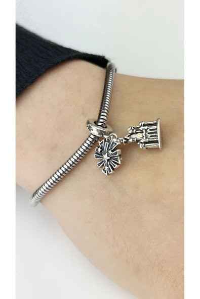 Charm, Kararmayan Çelik, Kale ve Yıldız Detaylı (BİLEKLİK DAHİL DEĞİLDİR!!), Gümüş Renk, Model12 - Resim 3