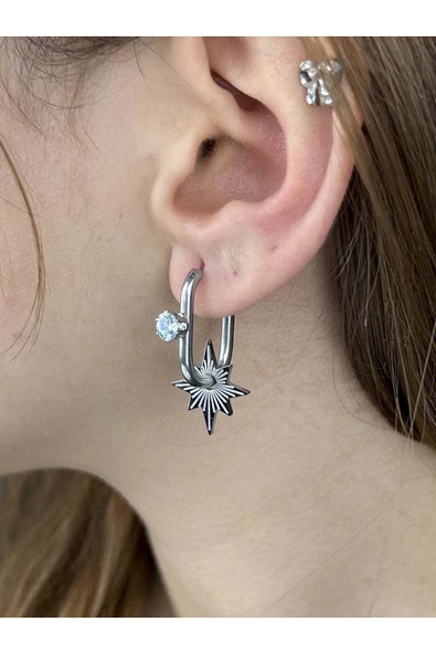 Küpe, Zirkon Taşlı, Kararmayan Paslanmaz Çelik, Yıldız Detaylı, Gümüş Renk, Model138 ürün görseli 1