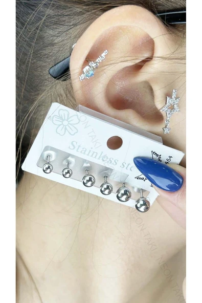 Çoklu Küpe, Topçuk Model, Paslanmaz Çelik Küpe 464, Gümüş Renk - 1
