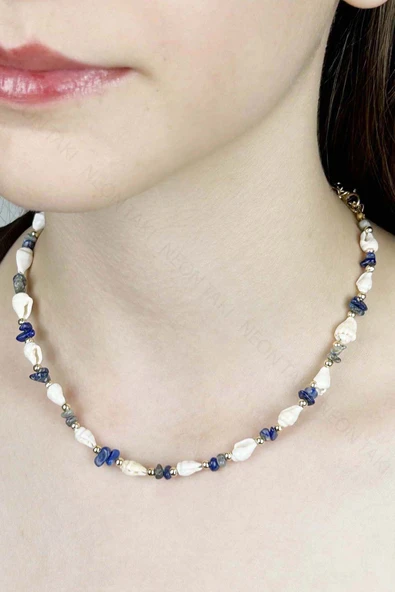 Deniz Kabuğu Kolye 427, Mavi - Beyaz