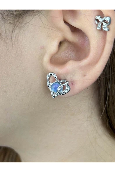 Küpe, Kore Tarzı, Kalp ve Galaksi Detaylı, Gümüş Renk, Model592 ürün görseli 1