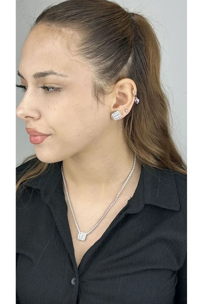 Zirkon Taşlı, Baget Model, Küpe Ve Kolye, Paslanmaz Çelik Set 37, Gümüş Renk - 2