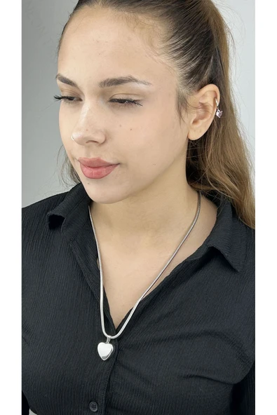Kolye, Kararmayan Paslanmaz Çelik, Kalp Detaylı, Uzun Model, Gümüş Renk, Model239 - Resim 2