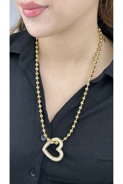 Kolye, Zirkon Taşlı, Kararmayan Paslanmaz Çelik, Kalp Detaylı, Top Zincir, Altın Renk, Model230 - Resim 2