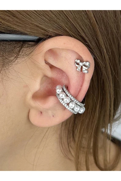 Küpe, Zirkon Taşlı, Kararmayan Çelik, Kıkırdak bölgesi, İnci Detaylı, Gümüş Renk, Model510 ürün görseli 1