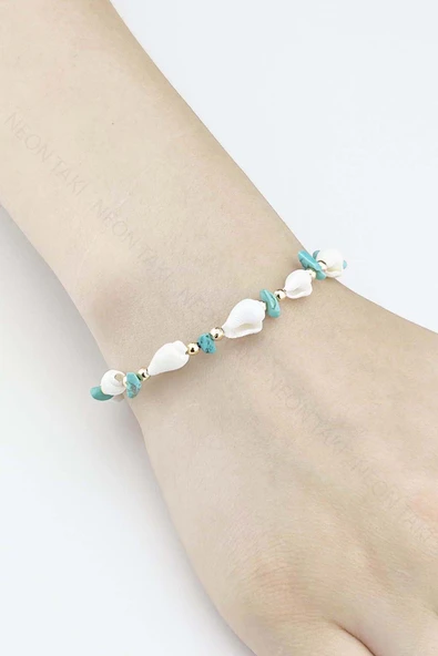 Bileklik, Deniz Midye Kabuklu, Kabuklar Turkuaz ve Beyaz Renk, Çok Renkli, Model504 - Resim 2