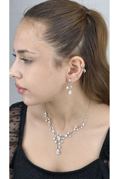 Zirkon Taşlı, Rodyum Kaplama Kolye Küpe Seti 59, Gümüş Renk - 3