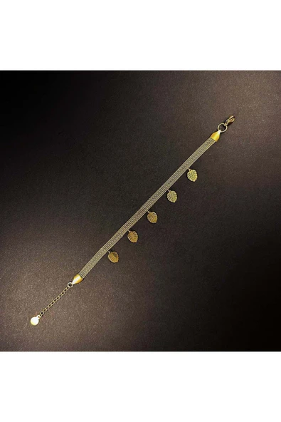 Bileklik, Kararmayan Paslanmaz Çelik, Hasır, Yaprak Detaylı, Altın Renk, Model19 - Resim 3