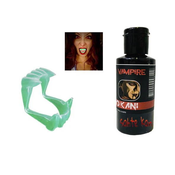 Fosforlu Çift Damak Takma Vampir Dişi ve 50 gr Tiyatro Kanı ürün görseli 1